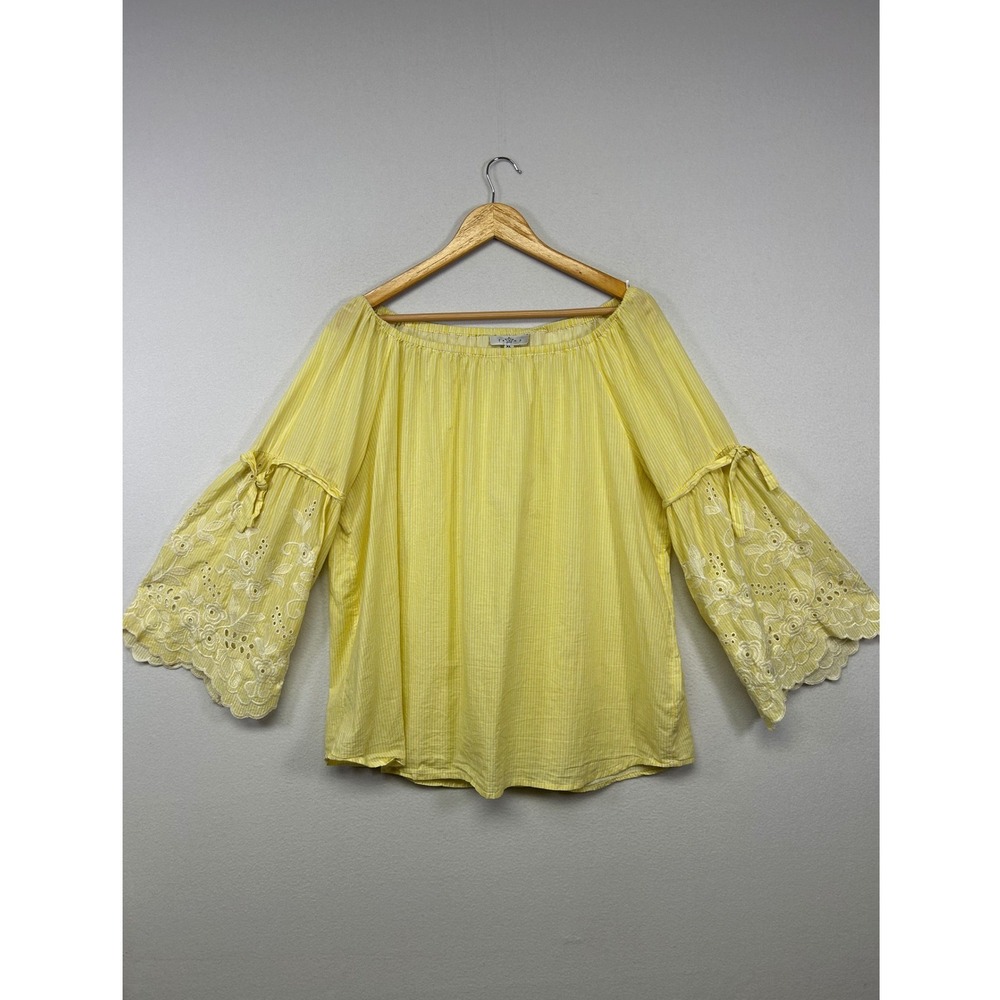 Boho Cottagecore Fever Womens XL Yellow Striped Eyelet Bell Sleeve Off Shoulder